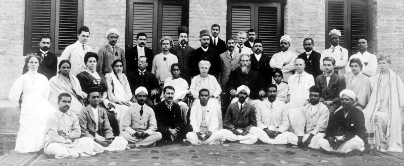 Annie Besant with members in Adyar; on her right is J. Krishnamurti and on her left are C.W. Leadbeater and J. Nityananda